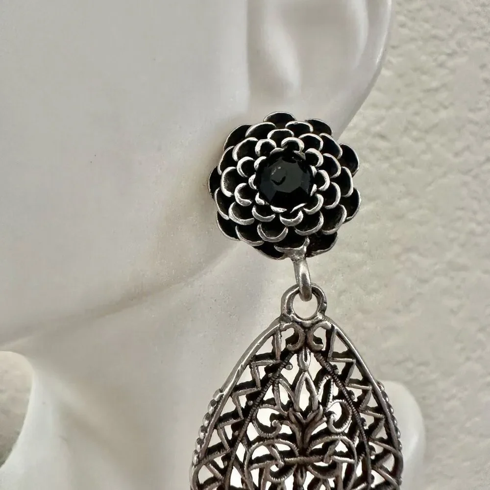 Chico’s   silver tone teardrop  black  drop earrings